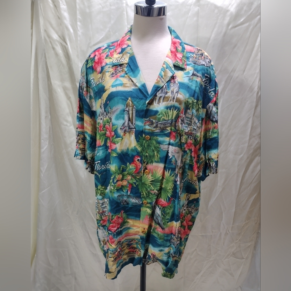 VINTAGE Florida Paradise Found Hawaiian Shirt Size 2XL Map Parrot Fishing